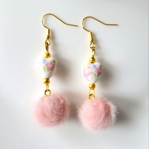 Handmade dangling earrings with pompom and heart, boho style, cute and unique